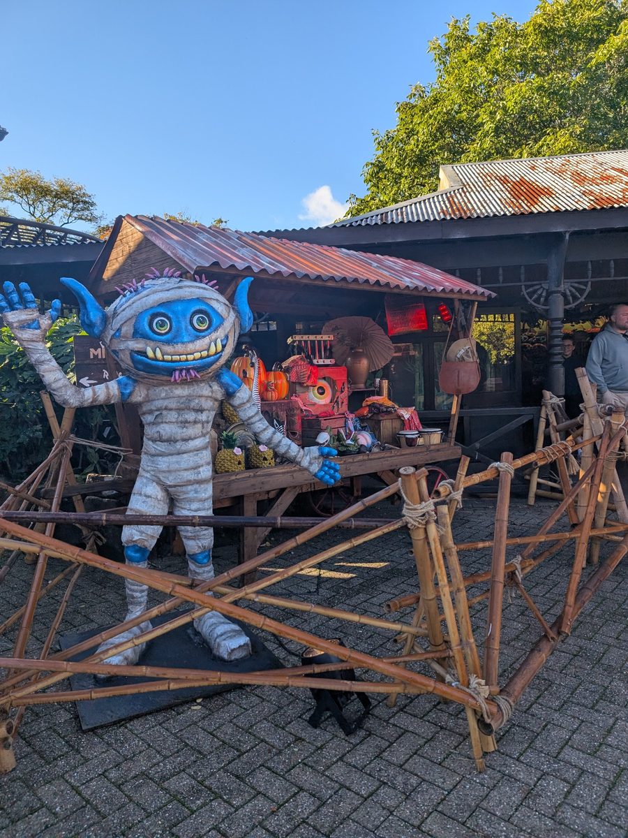 A giant waving mummy outside a Scarefest market stall